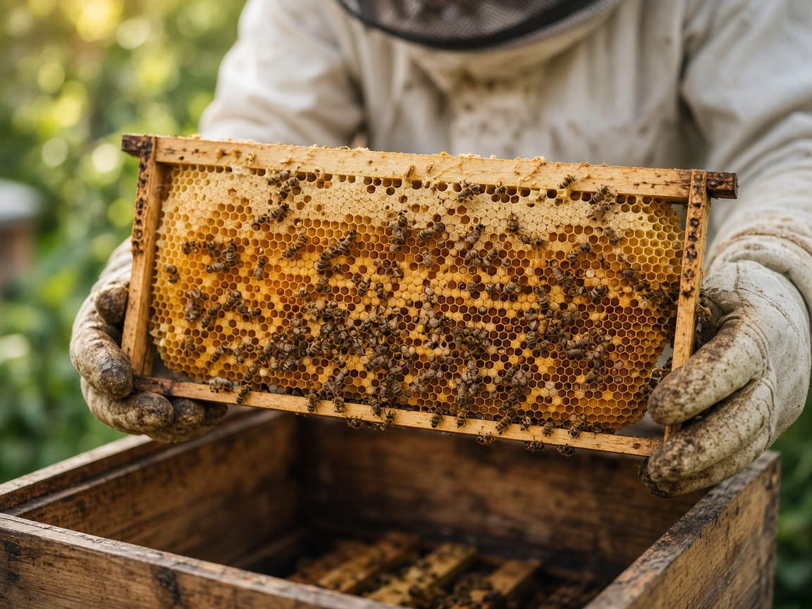 Beekeeper inspecting a honeycomb frame for hive health