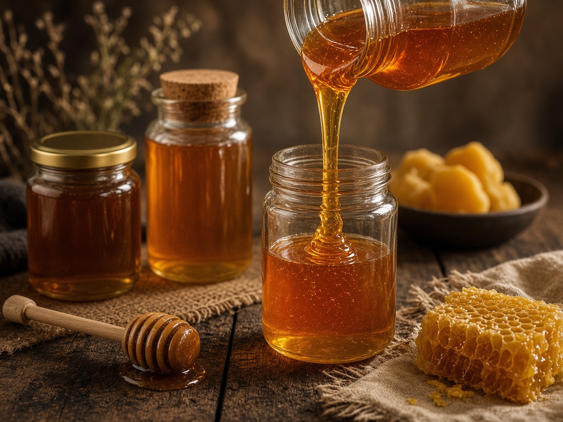 Raw honey being poured into jars for packing