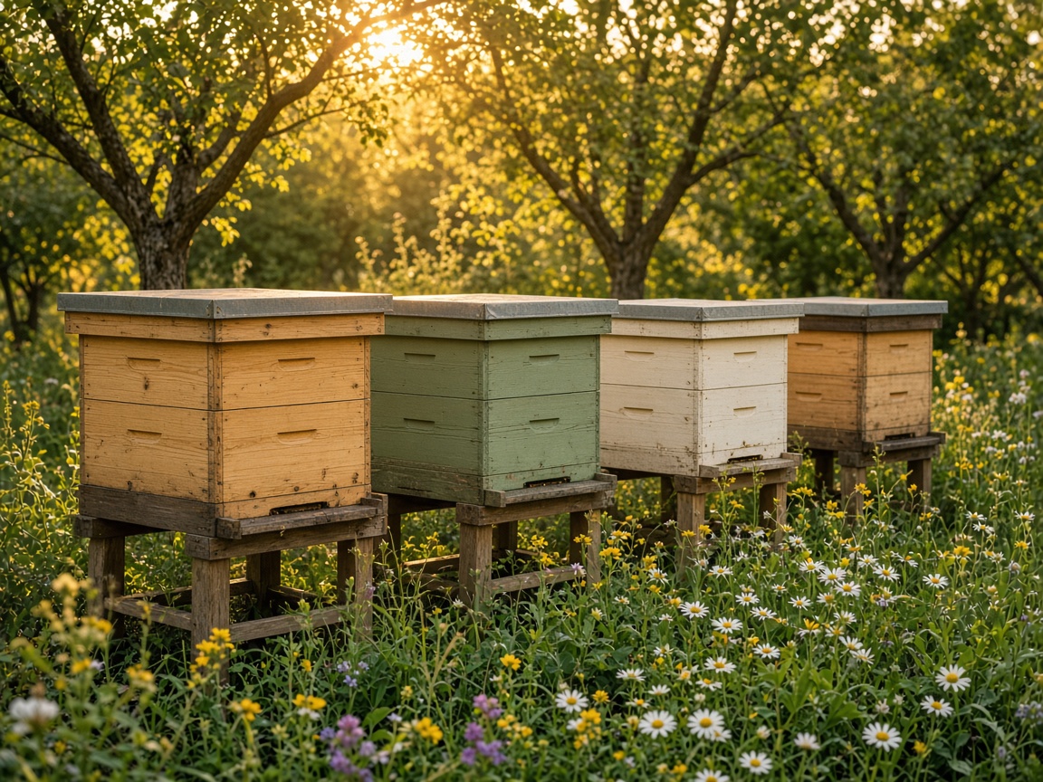 Wooden beehives sited in a garden among flowers