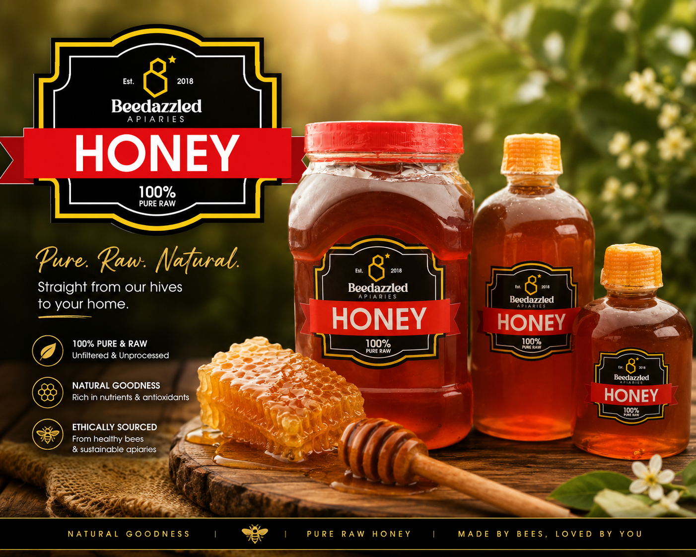 Beedazzled honey jars, honeycomb, and dipper